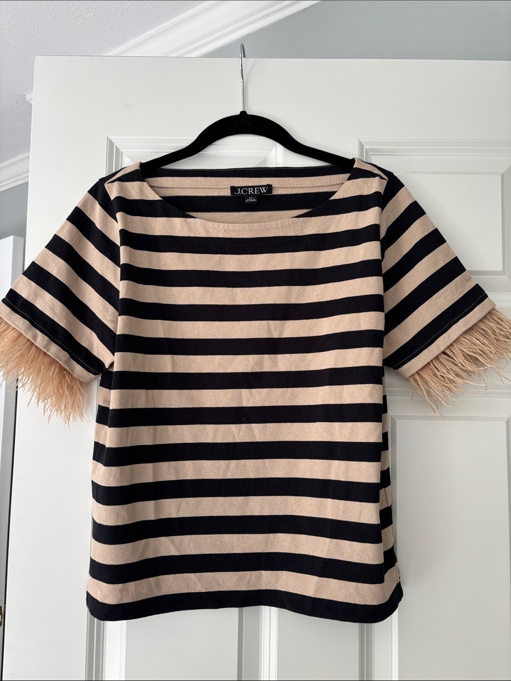 J. Crew Black & Beige Striped Short Sleeve Top with Feather Trim